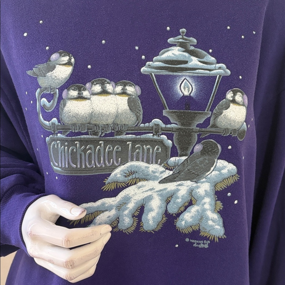 Vintage 80s Morning Sun Purple Chickadee Lane Graphic Print Mockneck Sweatshirt - Picture 2 of 4